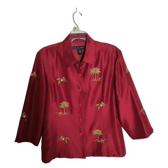 Silk Land Silk Blouse Women's 16 Red Button Down Embroidered Beaded Long Sleeve - Picture 3 of 13